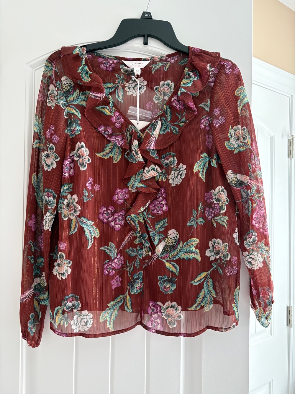 LC Lauren Conrad Burgundy Floral Ruffle Front Blouse